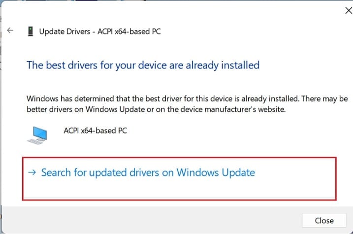 search for updated drivers on windows update
