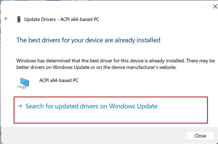 search for updated drivers on windows update