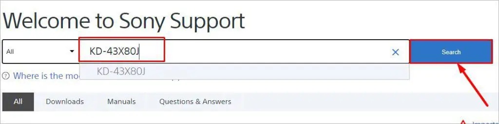 How to Update Android TV? 32 search-model-in-sony-website-1024x256