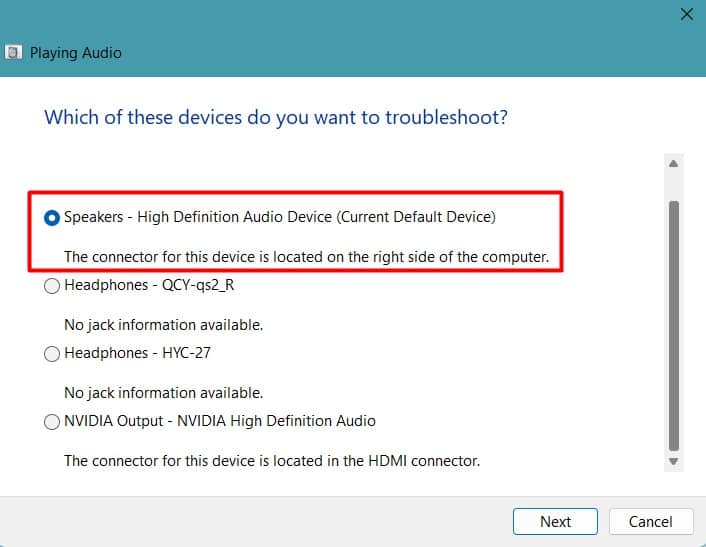 select device to troubleshoot