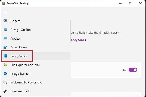 select fancyzones from the left panel