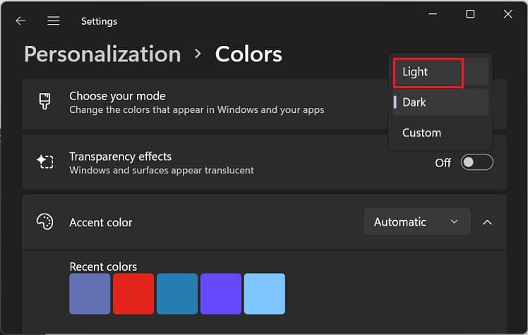 select light mode