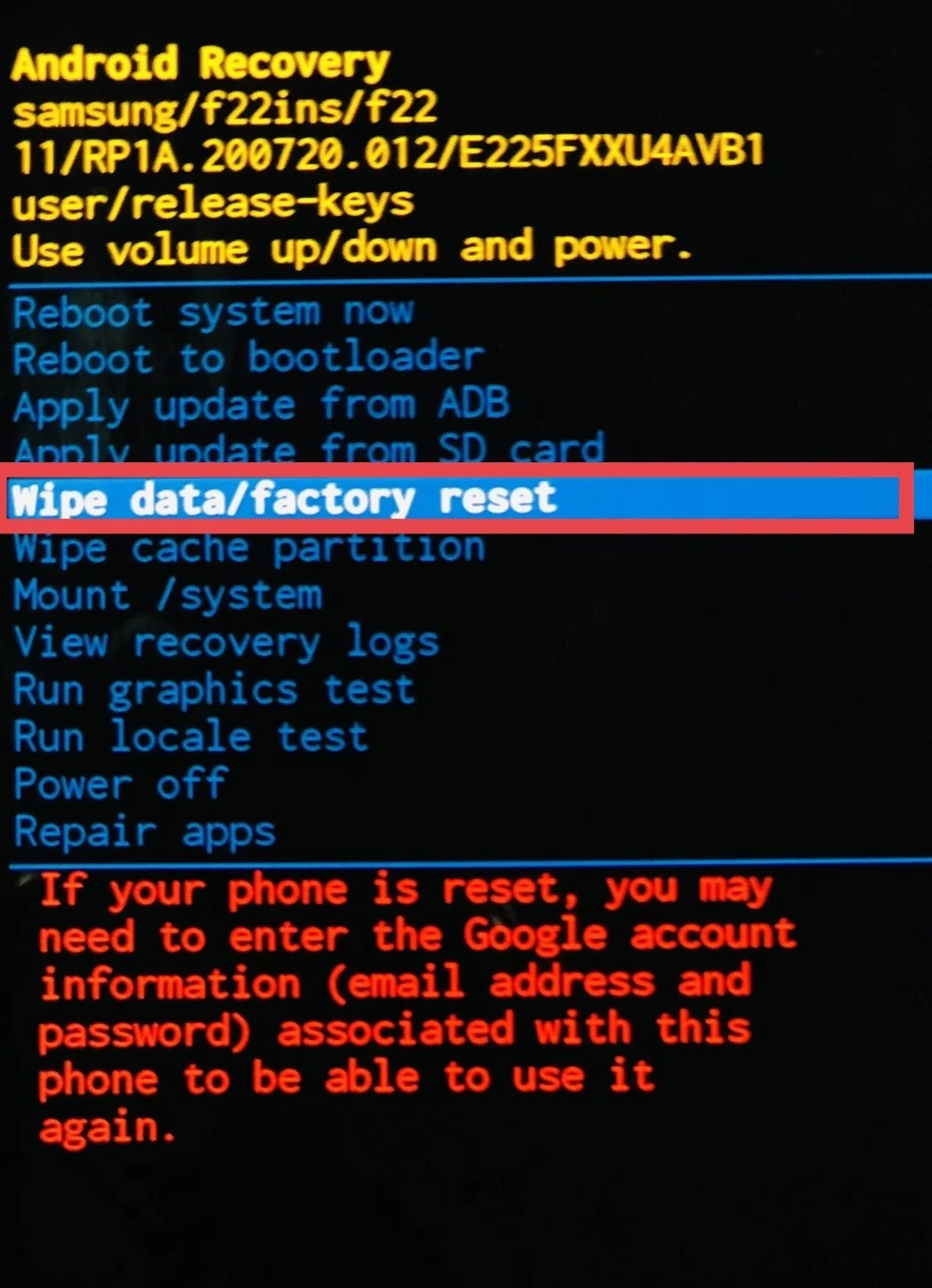 select wipe data factory reset on samsung