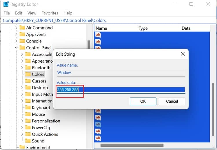 set value data to 255 255 255