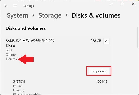 settings ssd properties