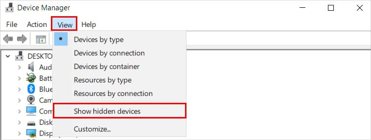 Show hidden devices - Device Manager