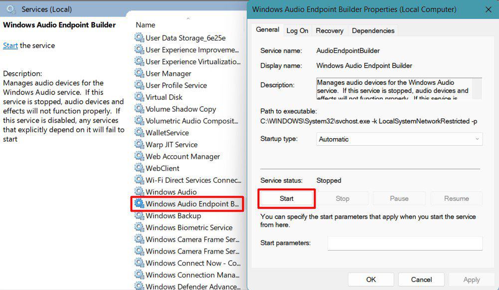 start windows audio endpoint