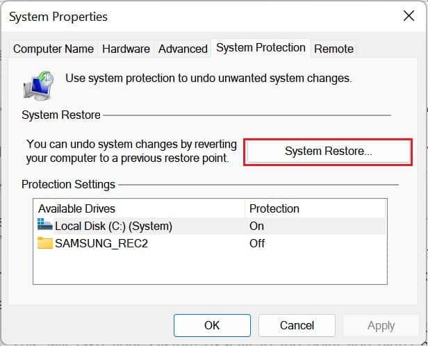 system restore from system properties