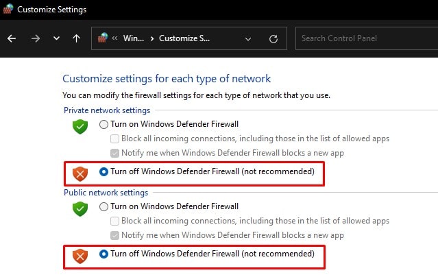 turn off firewall