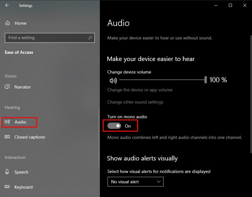 turn on mono audio windows