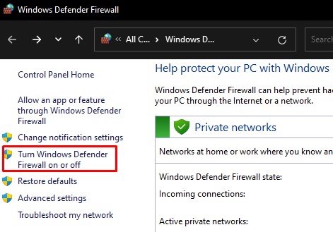 turn windows defender firewall