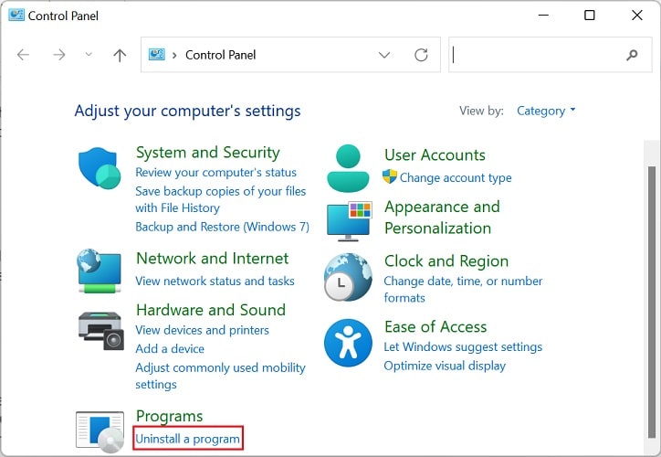 uninstall program in control panel