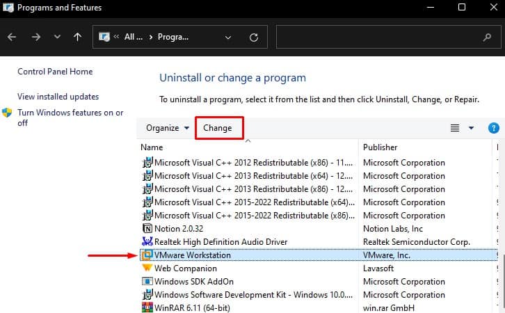 uninstall vmware