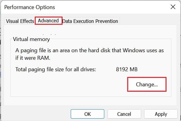 virtual memory change in performance options