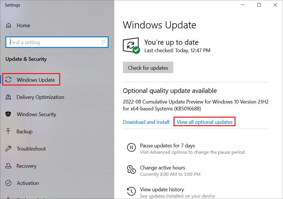 Windows Update View Optional Updates