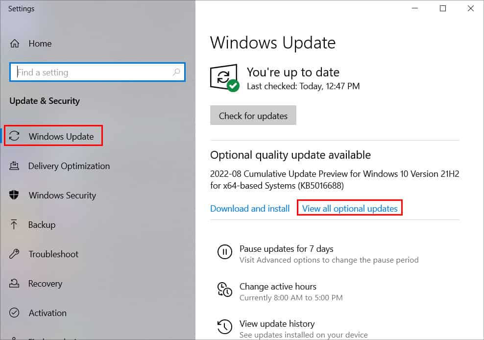 windows update show optional updates