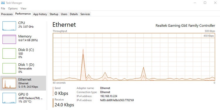 Ethernet data usage metered connection