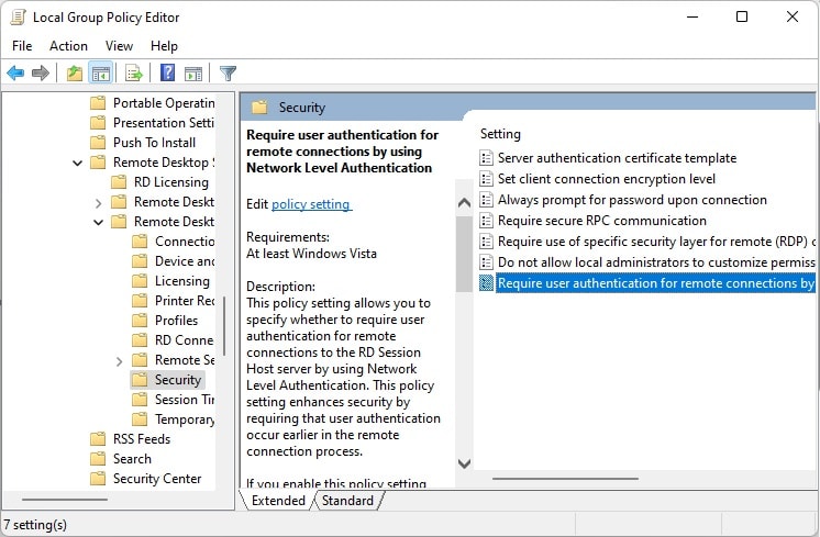 Require user authentication for remote connections using Network Level Authentication