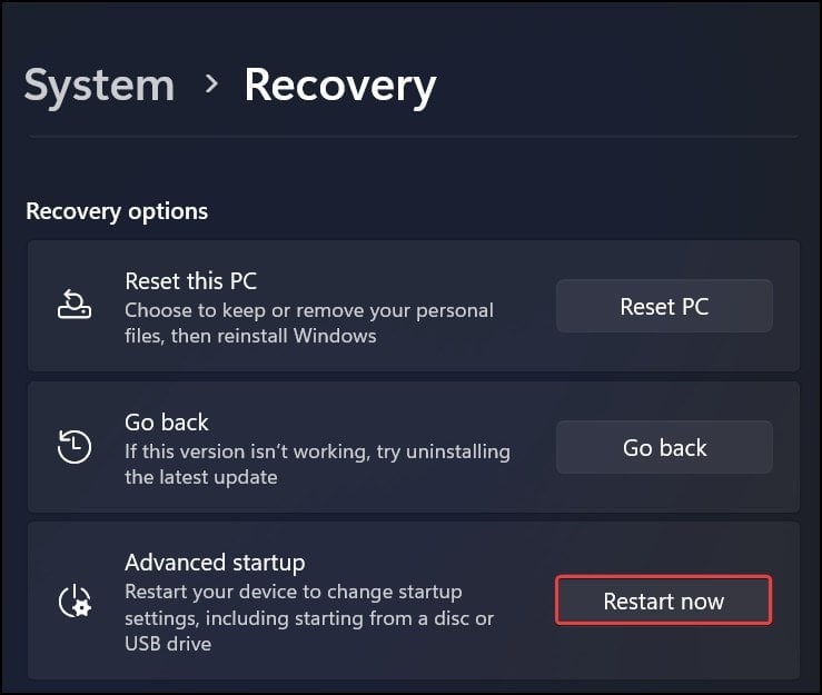 Restart to Recovery environment