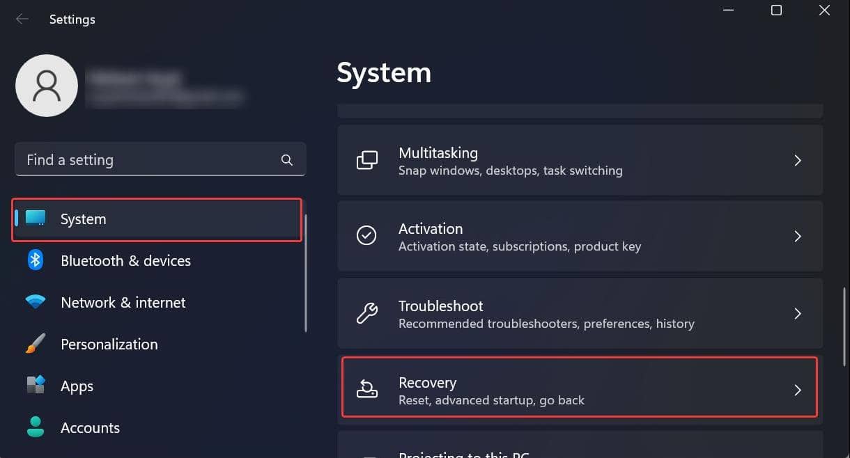System recovery settings