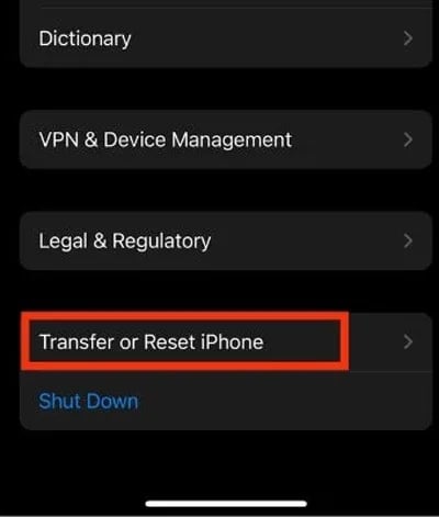 Tap transfer or reset iPhone