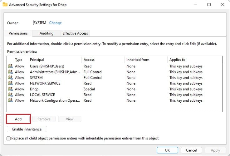 add button in advanced security settings for dhcp