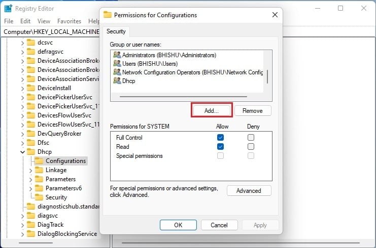 add button in permissions for configurations