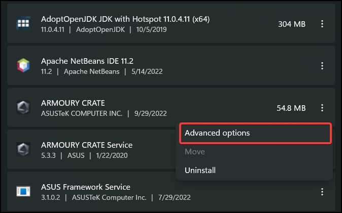 app advance options