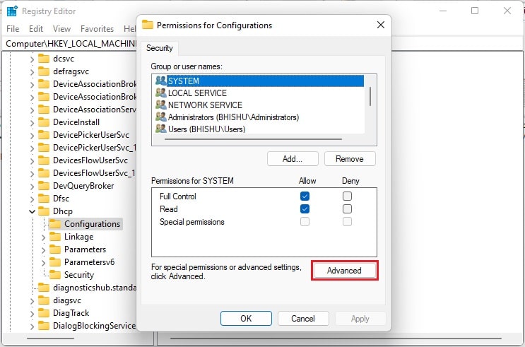 advanced button in permissions for dhcp