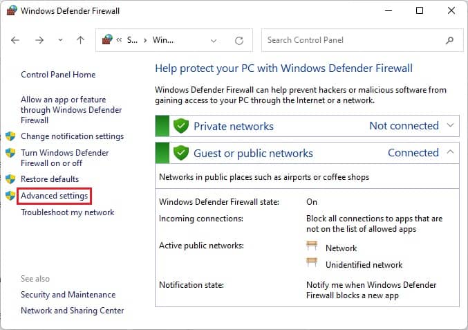 advanced settings windows defender firewall