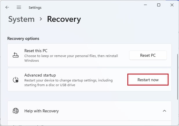 advanced startup restart now