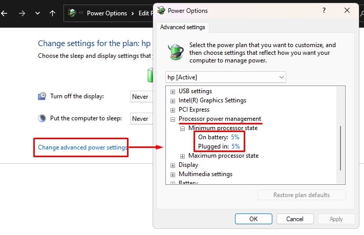 change advanced power minimum processor state