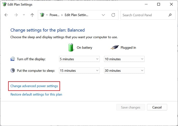 change advanced power settings