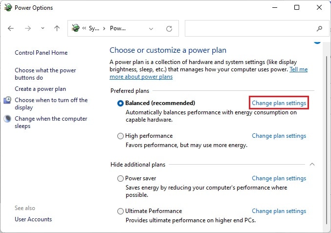 change plan settings balanced