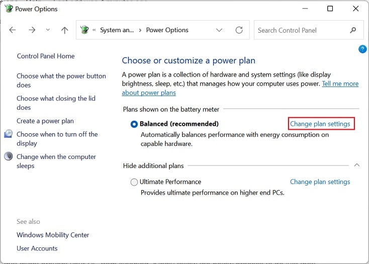 change plan settings next to balanced