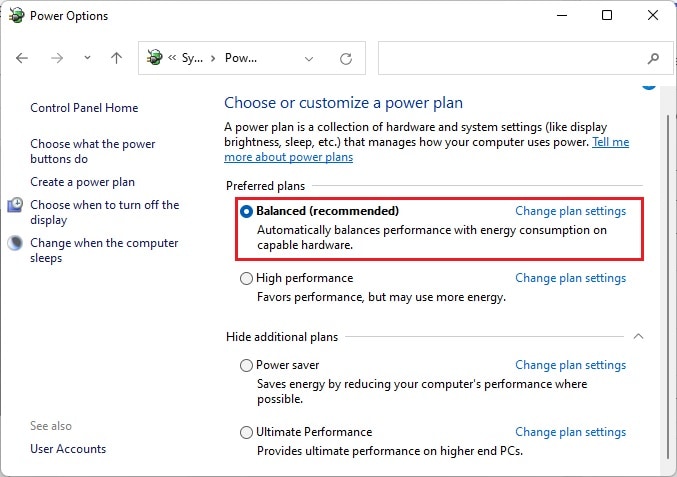 choose balanced in power options