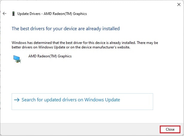 close the update driver dialogue box