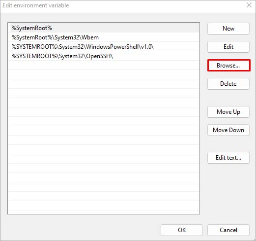 edit environment variables browse