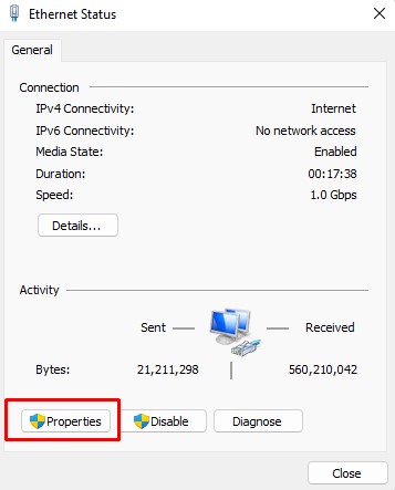 ethernet status properties