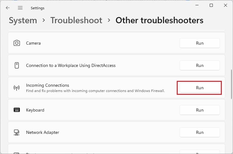 incoming connections troubleshooter