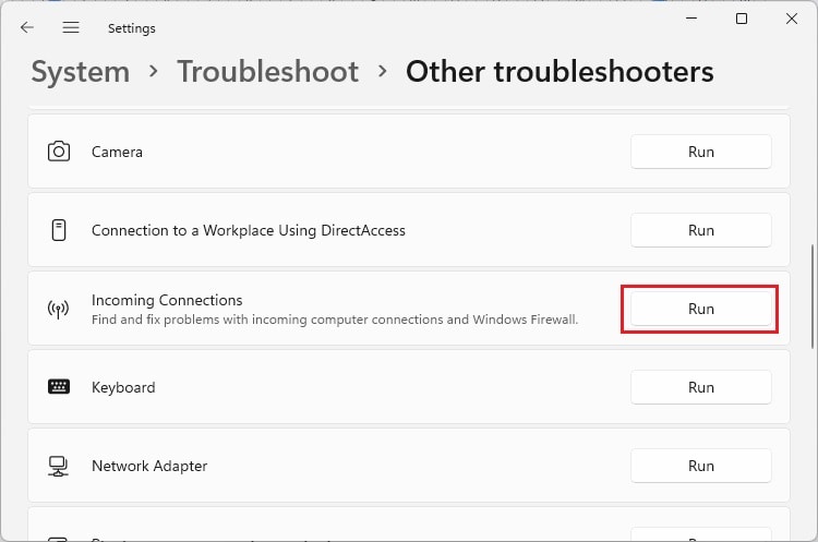 incoming connections troubleshooter