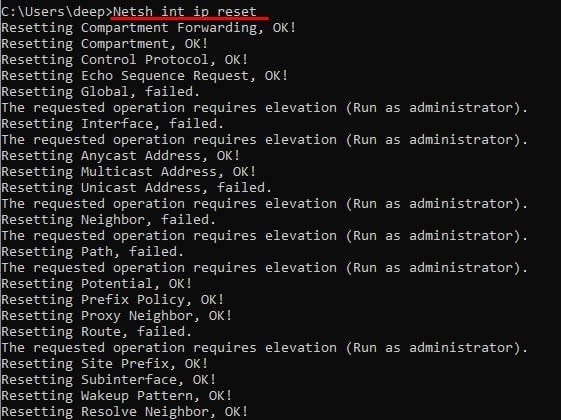 int ip reset wifi not working