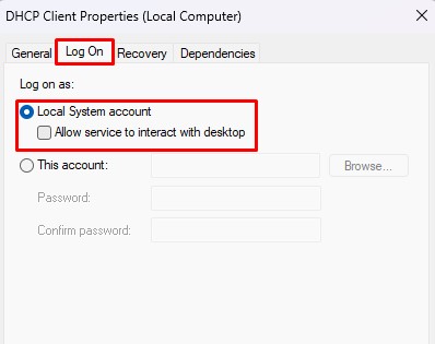 log on setting