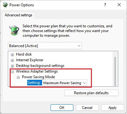 maximum power saving wireless adapter settings