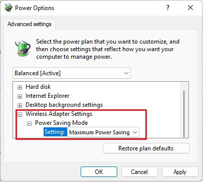 maximum power saving wireless adapter settings