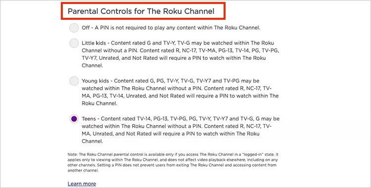 on Parental-Controls-for-The-Roku-Channel, choose-your Preference