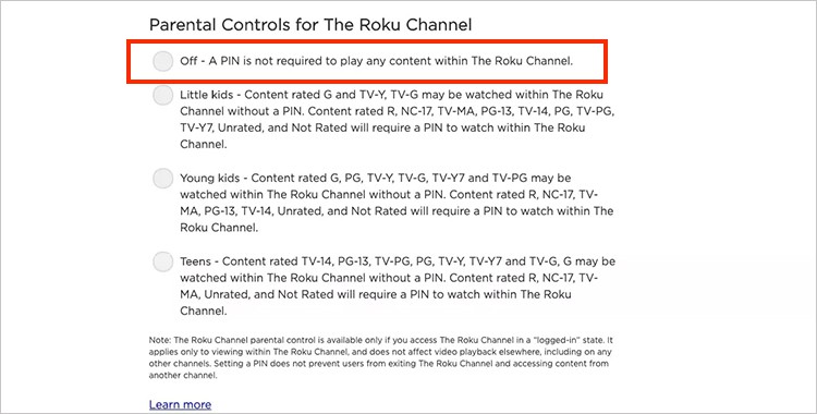 on Parental-Controls-for-The-Roku-Channel,-click-on-Off