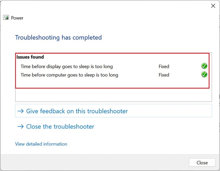 power troubleshooter results