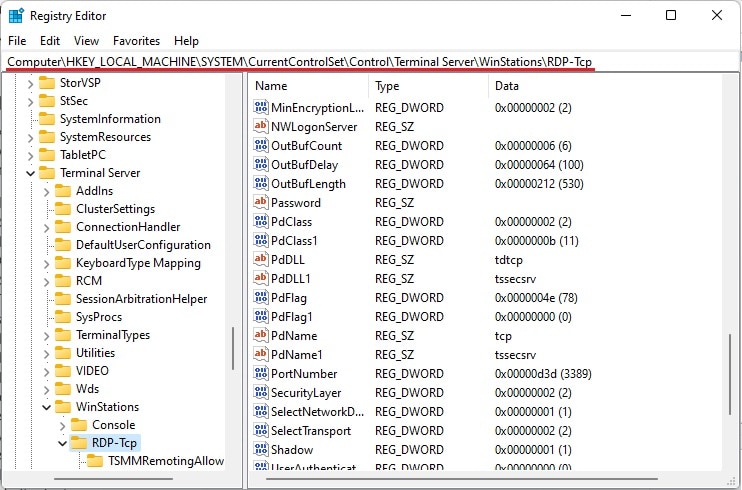 rdp tcp address path in registry editor