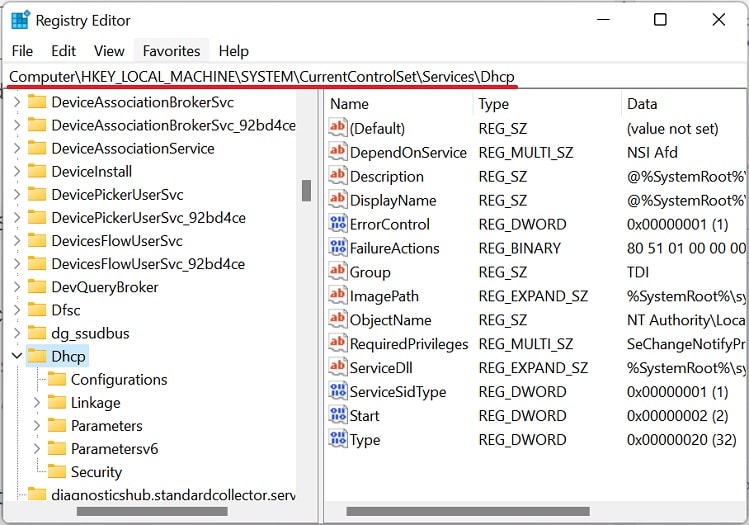registry editor dhcp path
